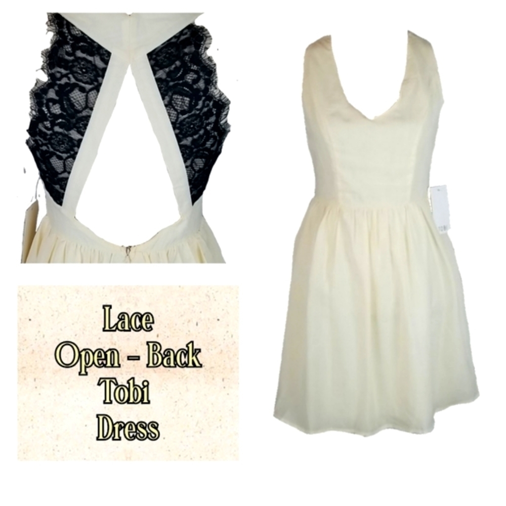 NWT Vintage Pastel Yellow Dress Back Cutout in Black Lace, M